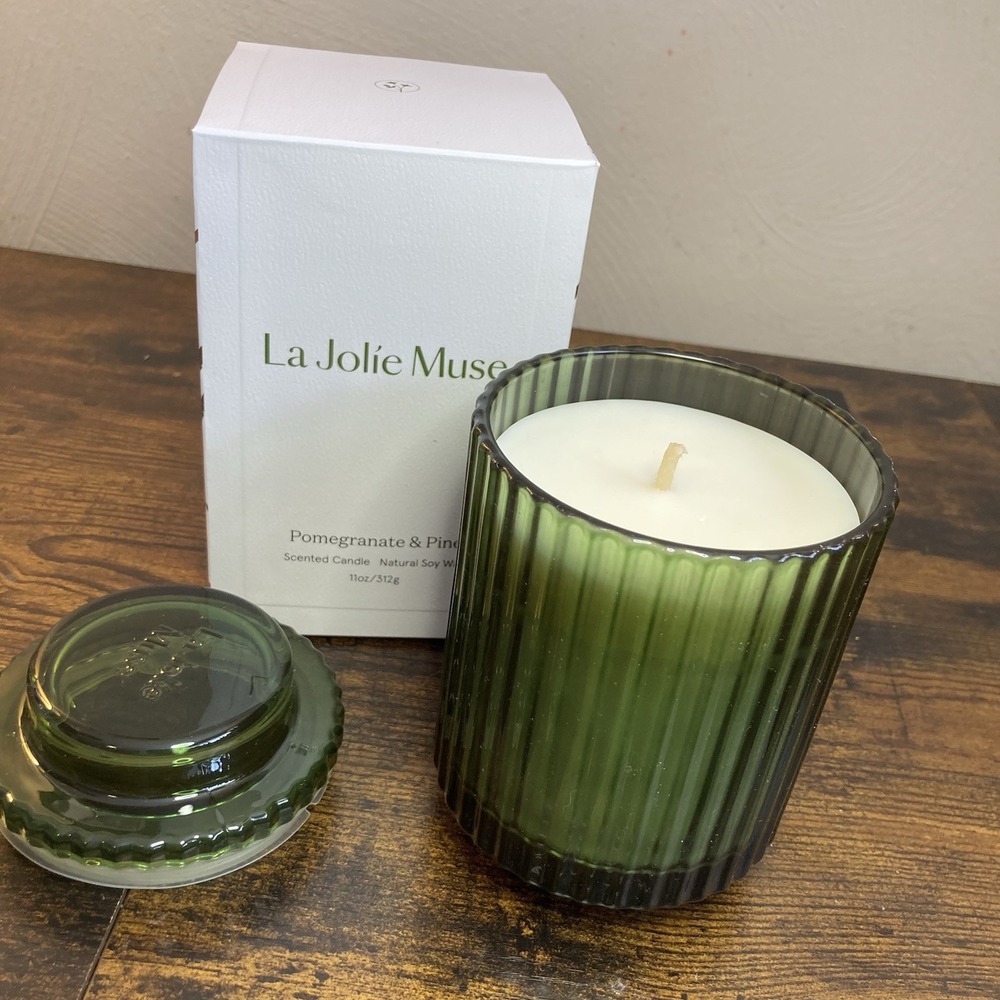 La Jolie Muse Pomegranate and Pine Luxury Soy Wax Candle 11oz‎ Green Glass